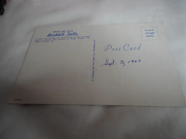 Vintage Postcard unposted Bushkill Falls, PA Bridal Veil Falls 1960s w/ woman