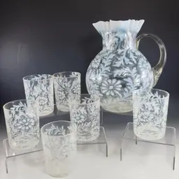 EAPG Northwood Glass Pitcher & Six Tumblers Daisy & Fern White Opalescent Lemonade Set - - USA