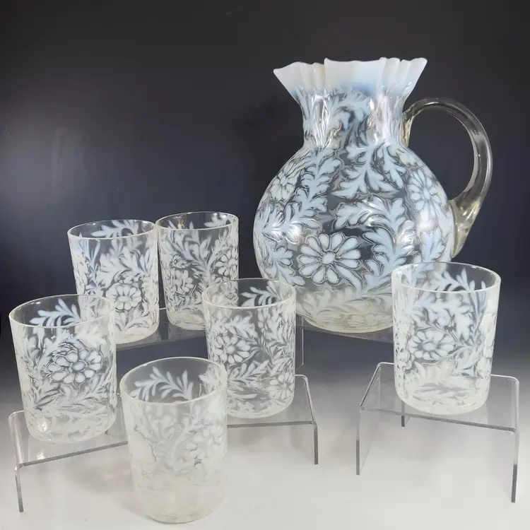 EAPG Northwood Glass Pitcher & Six Tumblers Daisy & Fern White Opalescent Lemonade Set - - USA