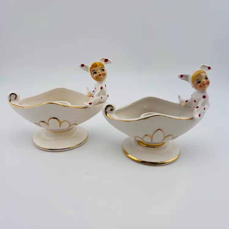 Vintage Made In Japan Ceramic Polka Dot Pixie Candlestick Holders