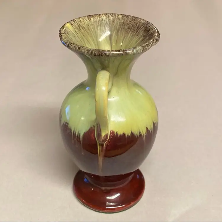 #0957a  (larger)West German Brown And Yellow Drip Glaze Double Handle Vase  7” X  4.4”