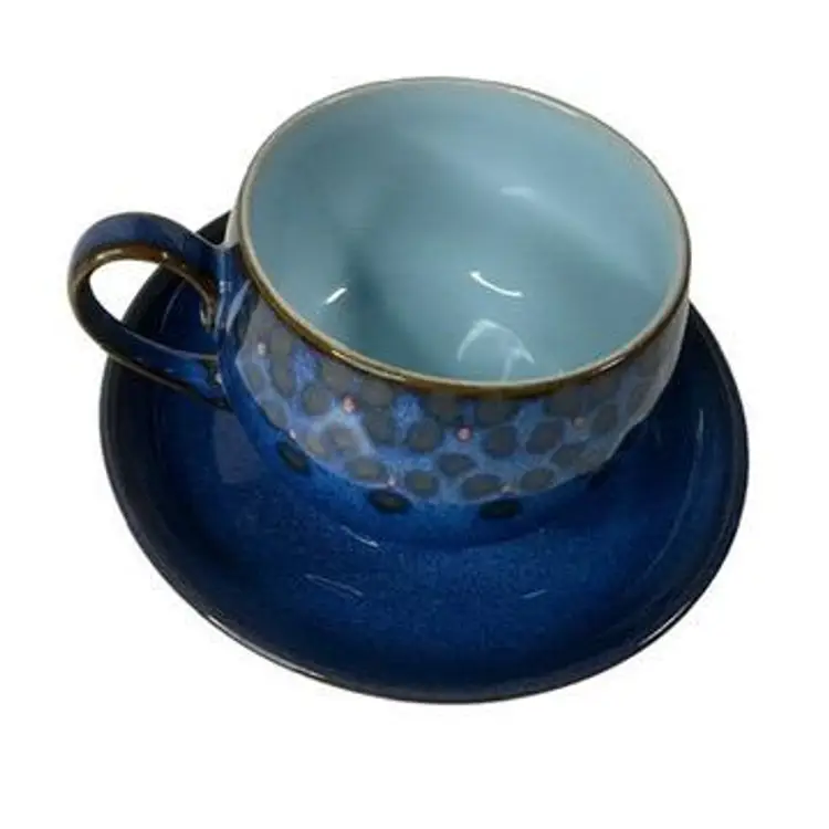 Denby Midnight England Cup and Saucer Blue with Brown and Red Details
