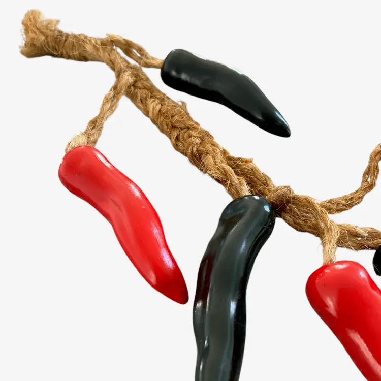 Ceramic Red And Black Chili Peppers Wall Hanging On A Rope