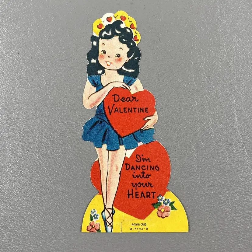 Vintage Valentine Greeting Card Die Cut Ballerina Dancing Into Your Heart A Meri Card 5"