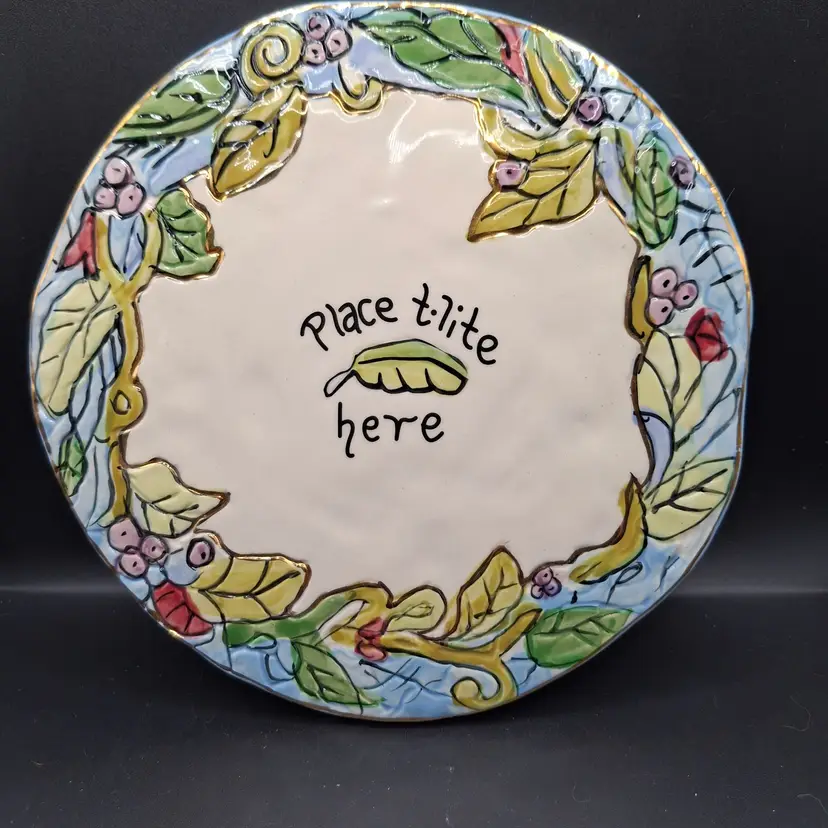 Hand-Painted Blue Sky Ceramic Tea Light Holder Plate Floral & Leaf Design 2003