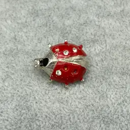 Vintage Silvertone Red Ladybug Brooch with Rhinestones - Made in Hong Kong - READ