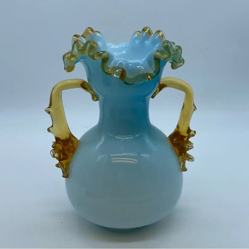 #0202 Antique Stevens & Williams Victorian cased baby blue art glass vase with amber ruffled handles.