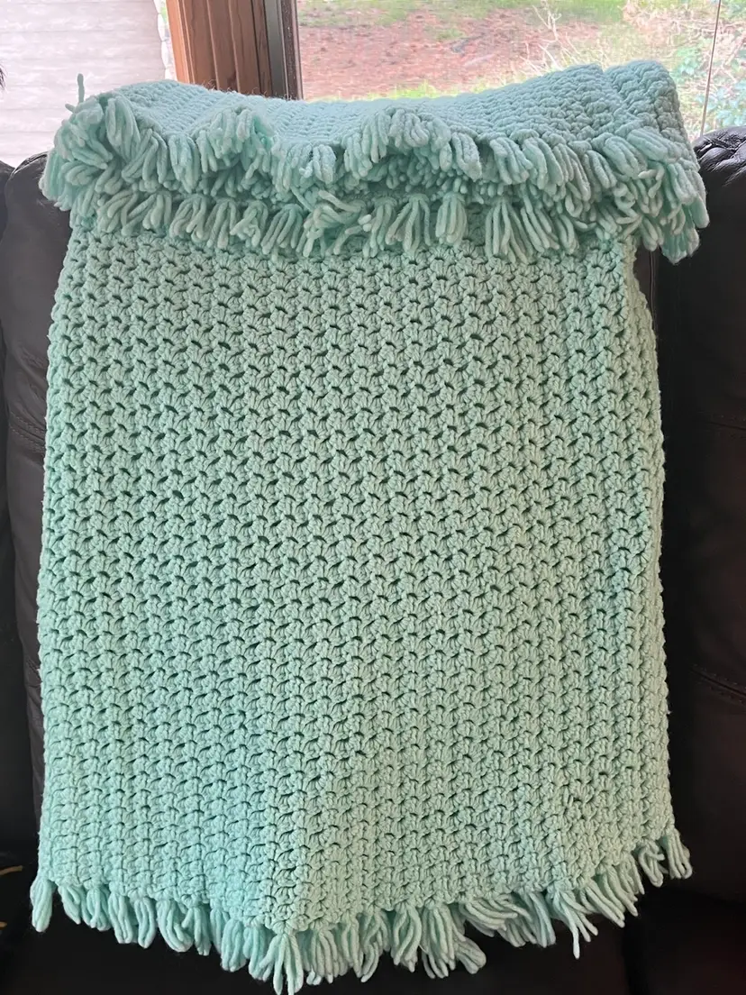 #01 Beautiful aqua colored crochet blanket, with fringe border,
