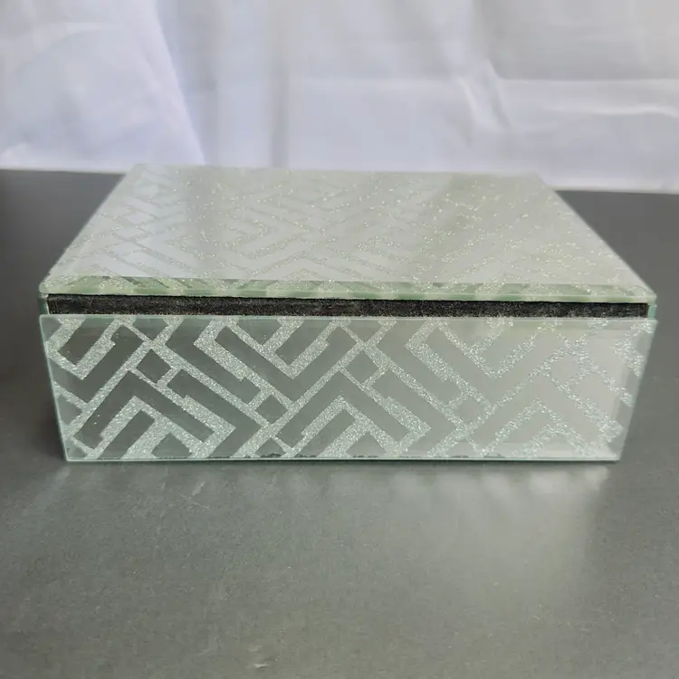 #1321 Stonehouse, Mirrored, Glass, Frosted, Jewelry Box, Trinket, Black Velvet Lined Ribbon
