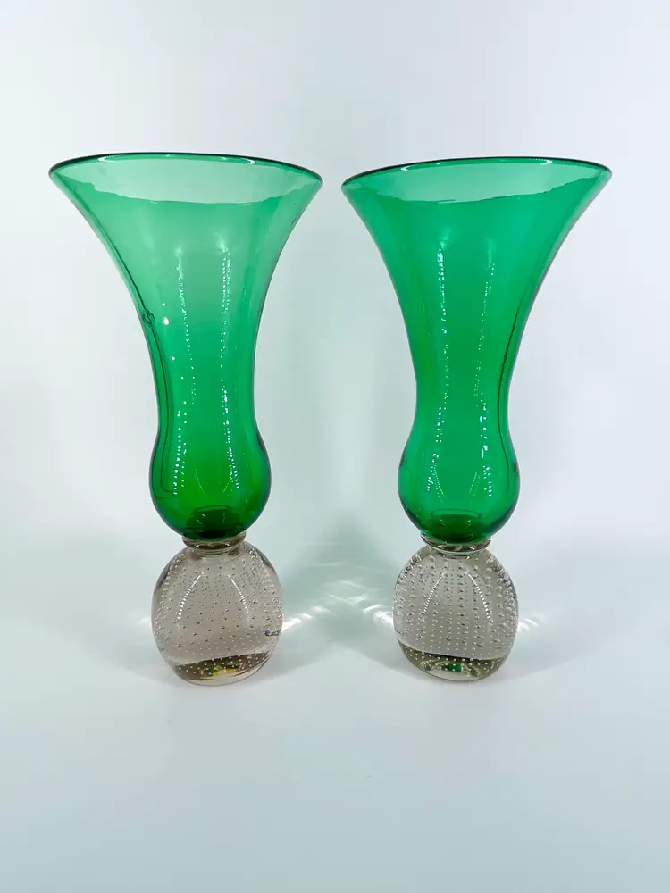 Carl Erickson Emerald Green Glass Paperweight Base 12.5" Vases Bullicante Controlled Bubbles