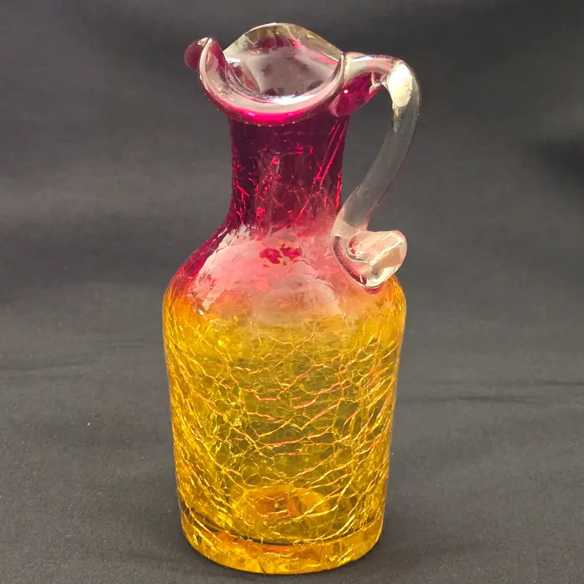 Art Crackle Glass Handblown Amberina Pitcher Applied Clear Handle Glowy 5" Tall Vintage