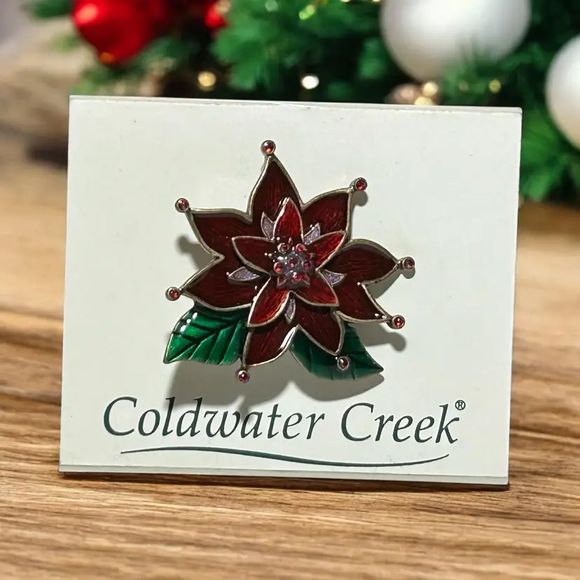 Cold Water Creek Poinsettia Winter Christmas Enamel Pin Brooch New
