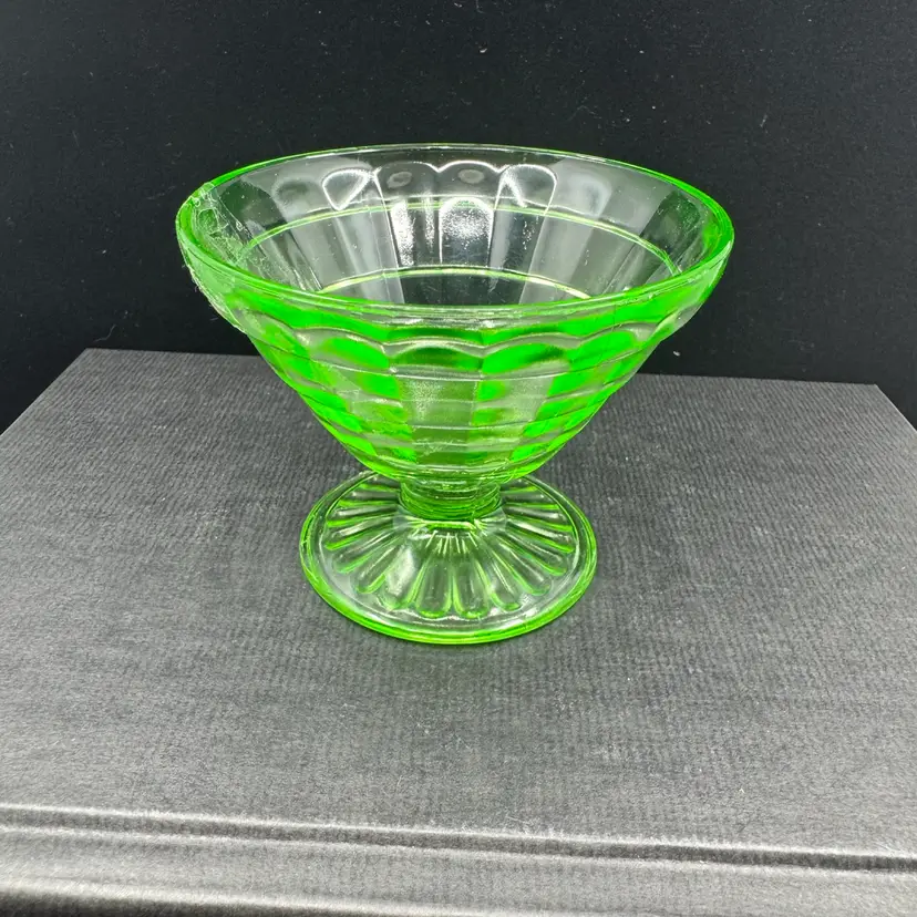 Vintage Anchor Hocking Block Optic green uranium glass sherbet dish, Circa 1930’s