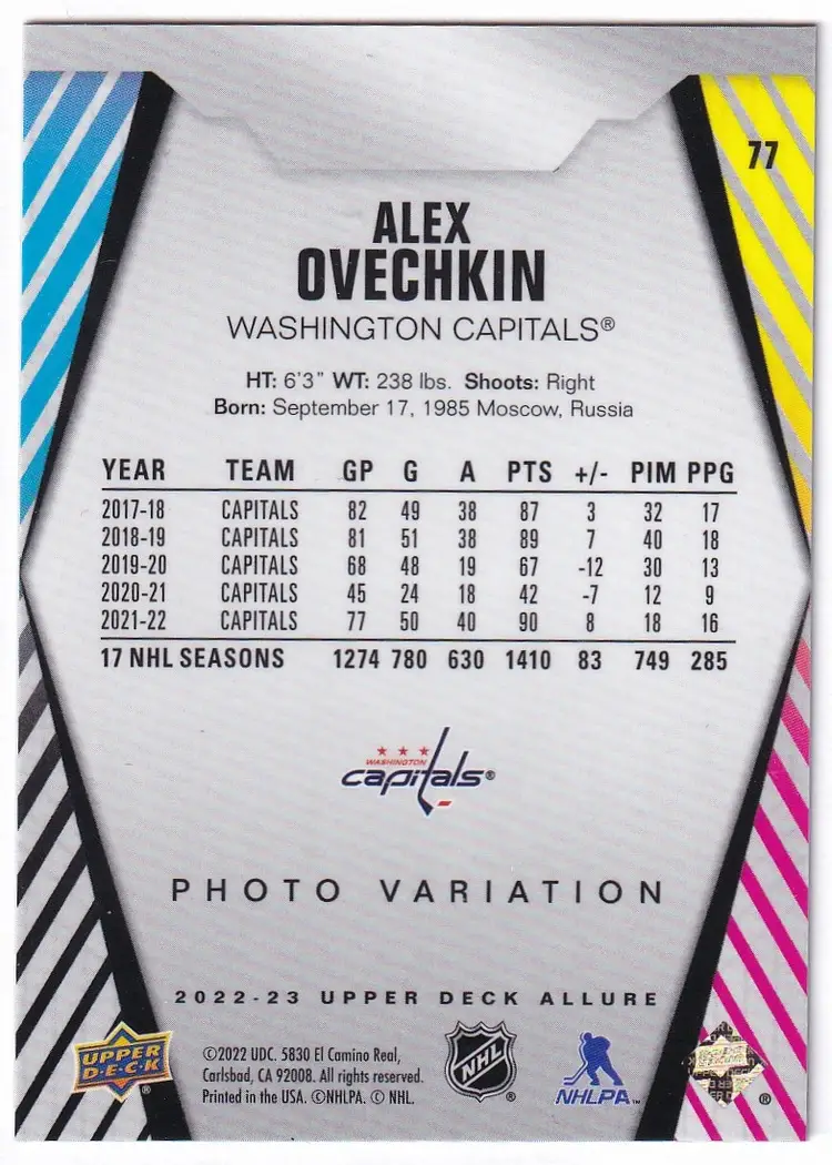 2022-23 Upper Deck Allure Photo Variations #77 Alex Ovechkin Washington Capitals Hockey Card