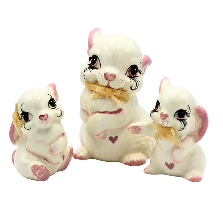 Vintage Bunny Rabbit Family Figurines Hand Painted Les Trois Paulettes Ceramics