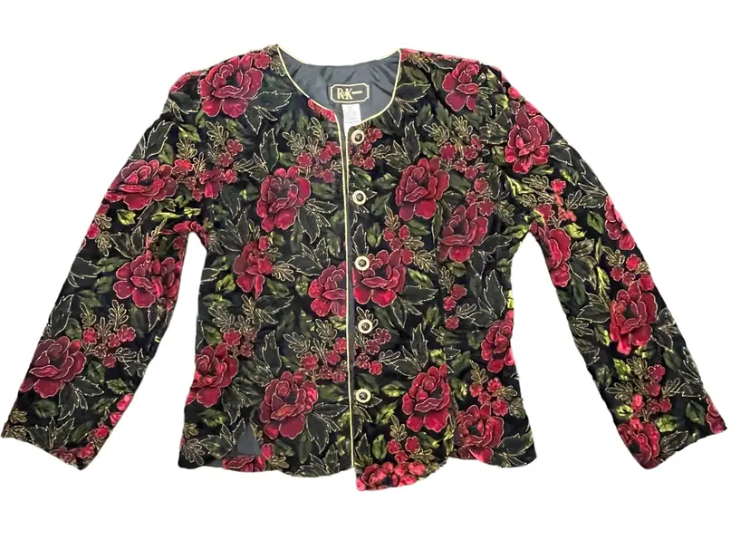092. Vintage R&K Evenings Blazer Jacket Black Red Floral Button Down