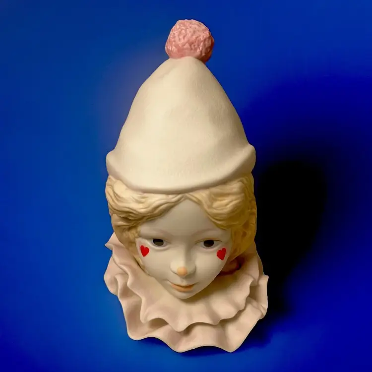 Pair Cybis Porcelain Clown Heads on Wooden Base SET Funny Face & Valentine VTG