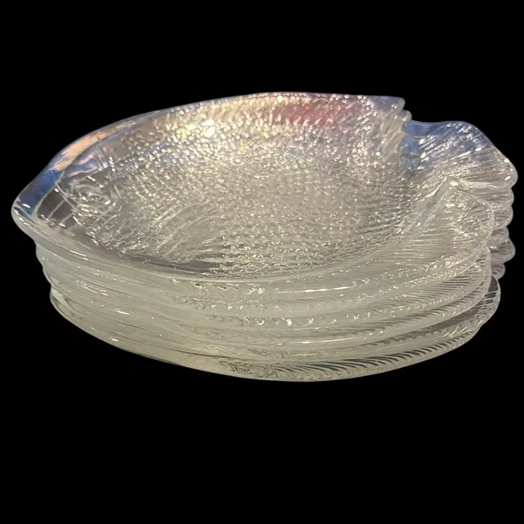 Vintage Set Of 8 Arcoroc France Clear Glass Fish Small Plates
