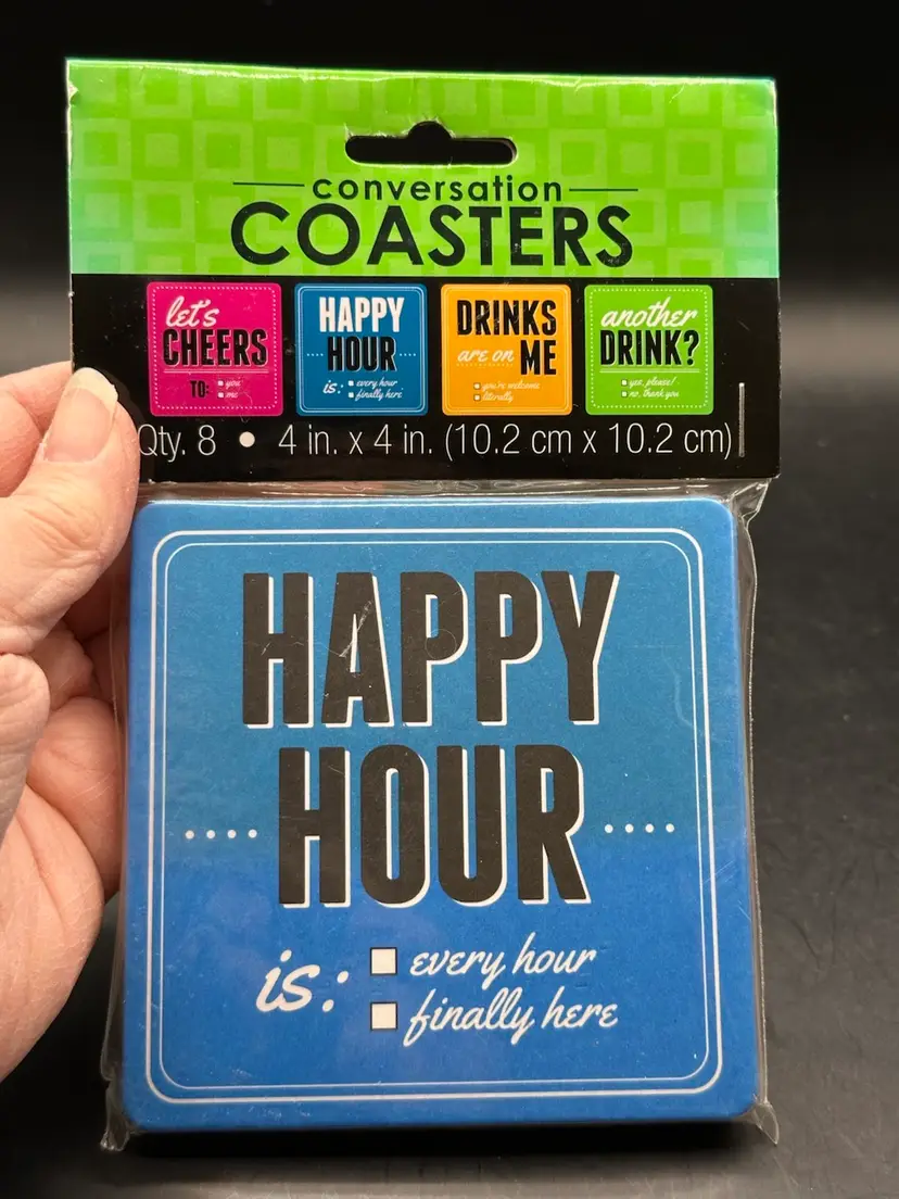 Party Conversation Reusable Coasters 4" x 4" Cheers Happy Hour Drinks Wooded NEW
