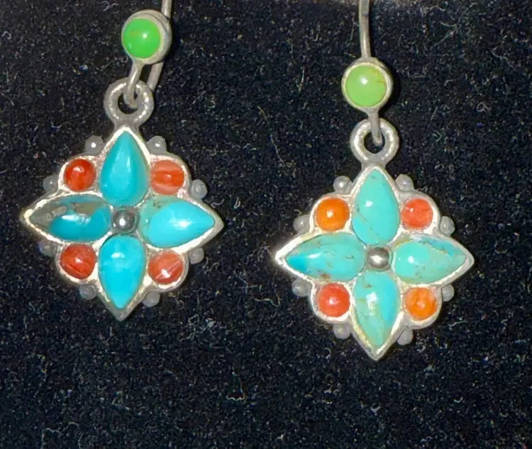 Vintage Southwest Sterling Silver Turquoise And Coral Dangle Earrings