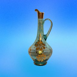 Vintage Bohemian Aqua Glass Gold Guilded Decanter H 12.5 In W 6 In