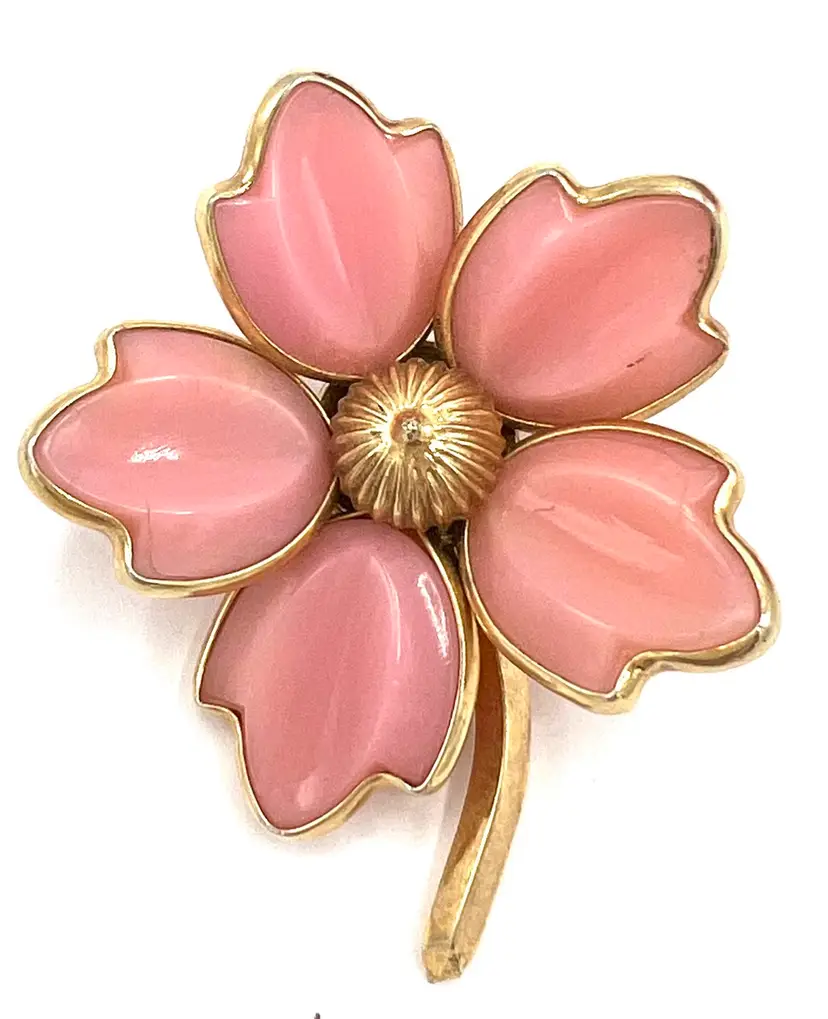 Vintage Crown Trifari Pink Poured Glass Dogwood Brooch,RARE Brooch