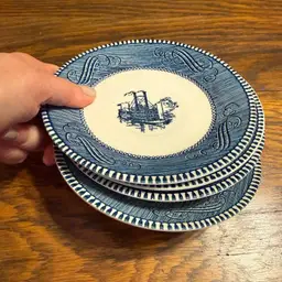 Vintage Blue Steamboat Saucers – Set of 4 | 6-Inch Plates | Americana Riverboat Design | Blue & White Ironstone Style | Farmhouse Kitchen Decor | Paige’s Plates