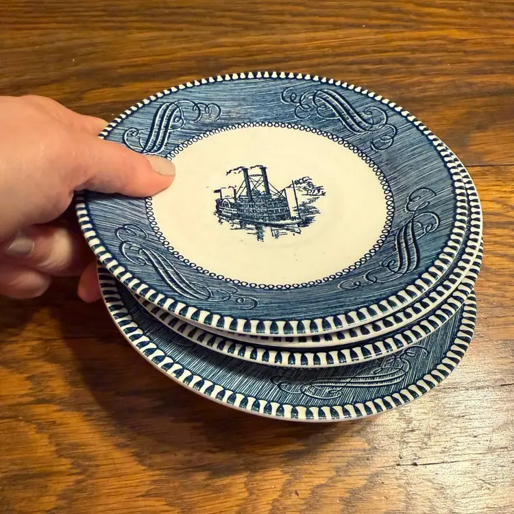 Vintage Blue Steamboat Saucers – Set of 4 | 6-Inch Plates | Americana Riverboat Design | Blue & White Ironstone Style | Farmhouse Kitchen Decor | Paige’s Plates