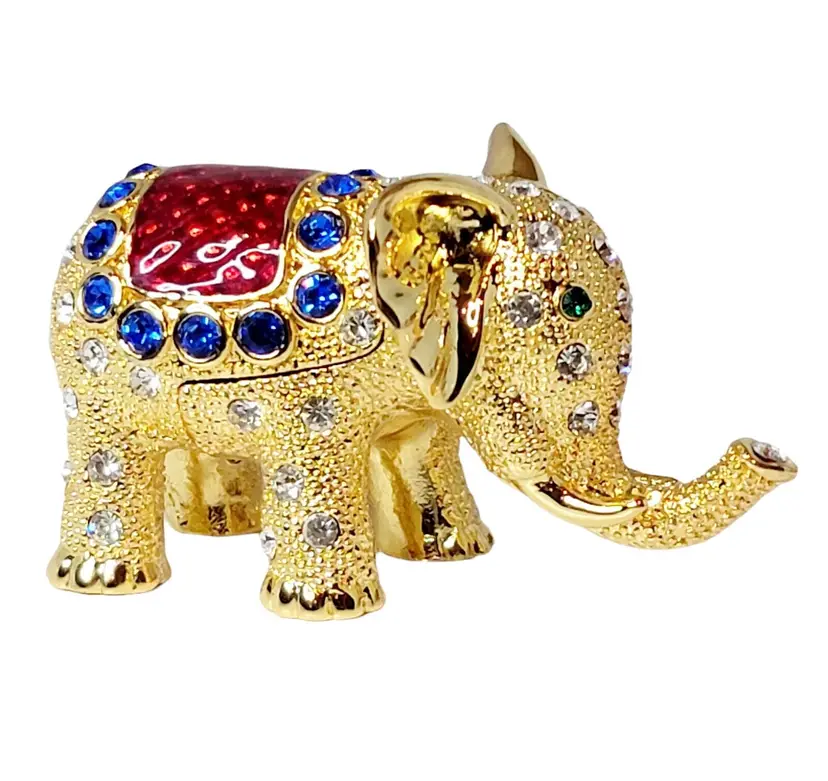 Vintage Bejeweled Enameled Magnetic Gold Elephant Trinket Box