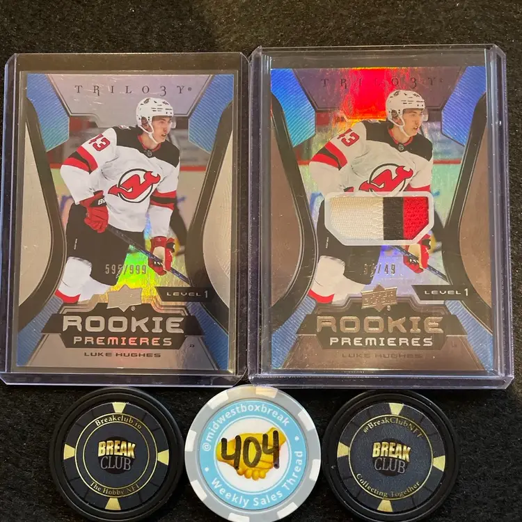 2023-2024 UD Trilogy Luke Hughes Rookie Premiers Patch Level 1 #’d 34/49 Devils
