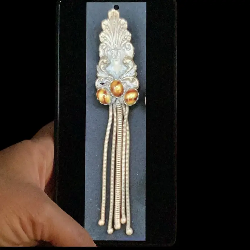 Vintage Unique Copper Plated Brass, Tiger's Eye Stones and Tassle Brooch Signed D. Pollak  5" Long