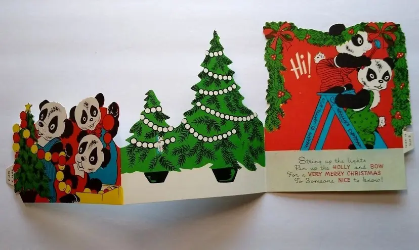 Christmas Greeting Card Panda Bears Diecut Foldout Standup Retro Mid Century Mod