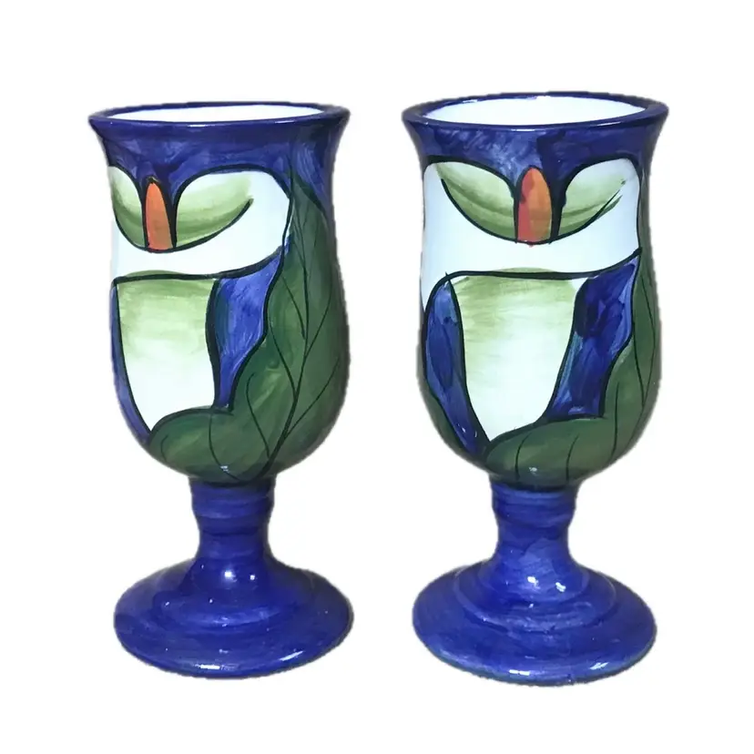 South American Art Pottery Calla Lily Small Pedestal Goblet Set Hand Painted