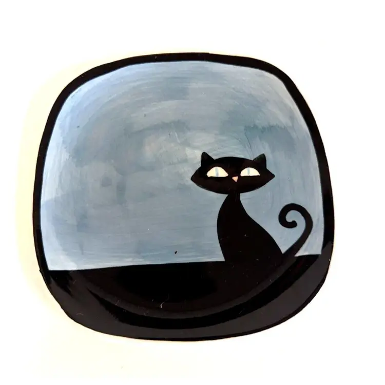HUES N BREWS Blue n Black Cat Cattitude Saucer Trinket dish Kitten Kitty plate
