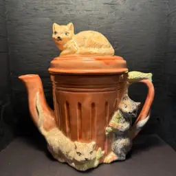 “Alley Cat” Teapot Whimsical 4-Cat Trash Can Design - Hand Painted Vintage Ceramic - Signed  “Janet” - Kitschy Cat Lover Gift - Rustic Charm