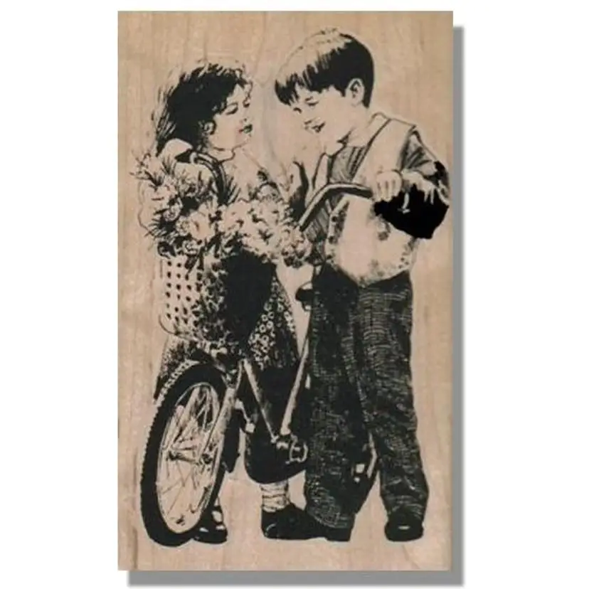 Boy And Girl With Bike Rubber Stamp