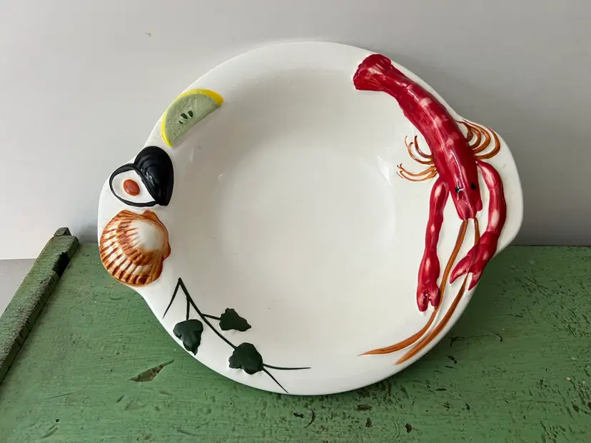 Vintage Majolica Seafood Ceramic Serving Bowl. Italian Ceramics. Lobster Shell Fish