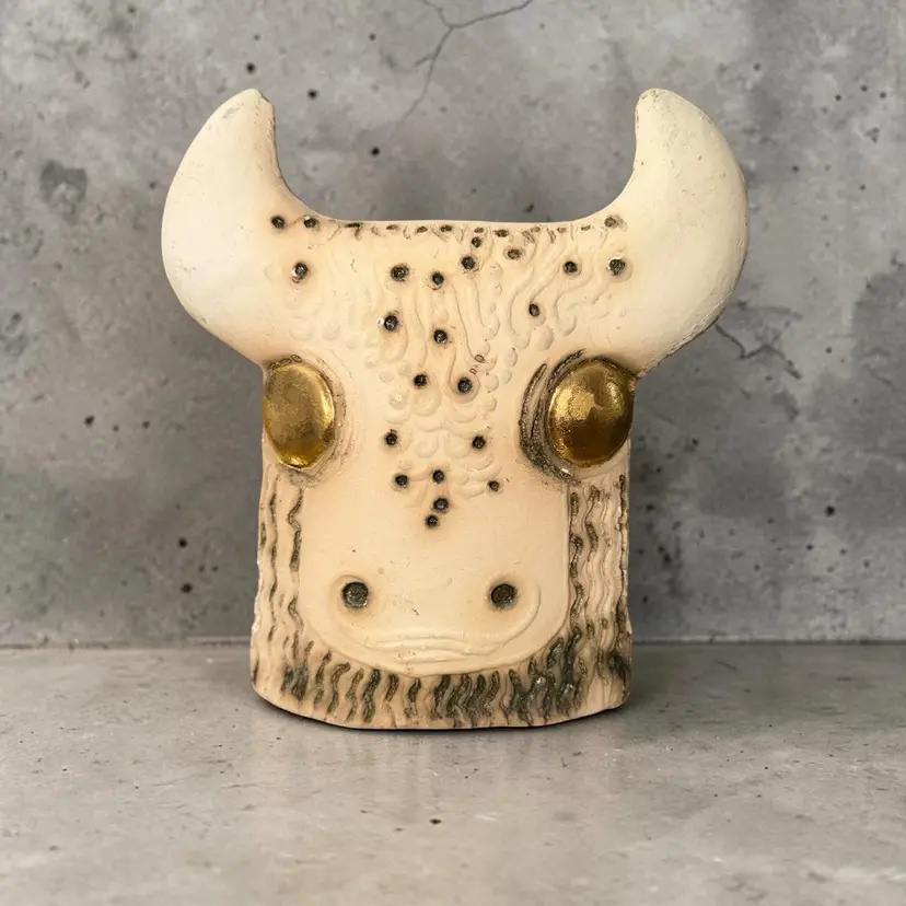 Vintage German Bull Sculpture Mid Century Modern Art Pottery Gold Eyes Brutalist Decor 1960s