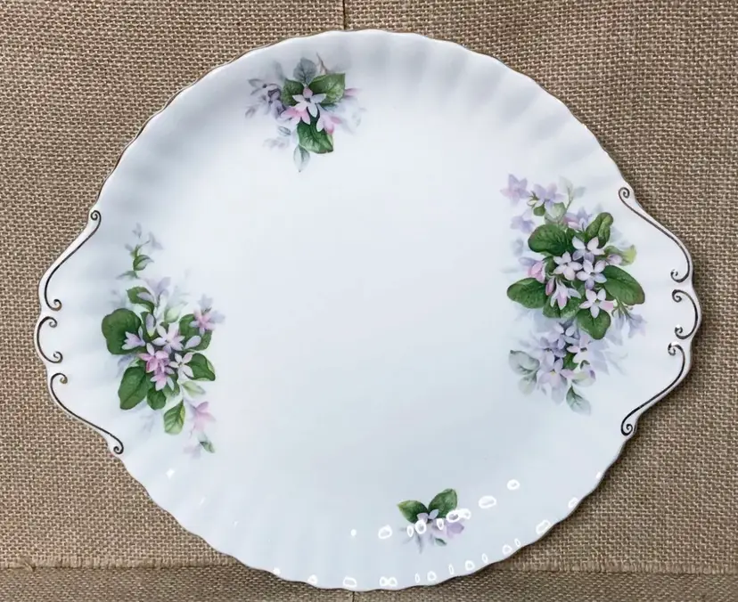 Royal Albert Mayflower Bone China Platter w Handles Fluted Edge Gold Trim