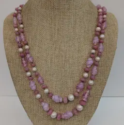 Vintage Pink Graduated 2 Strand Necklace Opaline Glass Lampwork Beads Faux Pearl