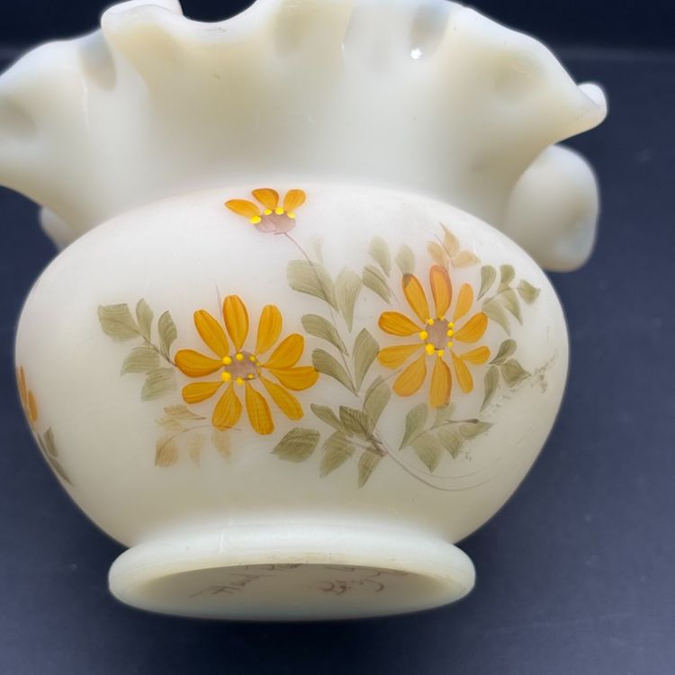 Vintage Fenton Satin Custard Hand painted Daisies On Cameo Ruffled Vase -Signed
