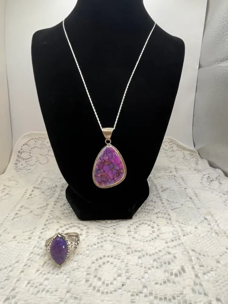 Sterling Silver 925 Southwestern Purple Mohave Turquoise Pendant Necklace & Ring