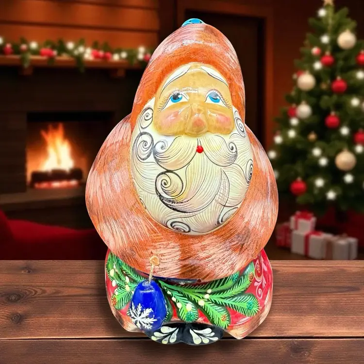 Russian Folk Art Santa Hand Carved Painted Signed Wooden Figurine Father Frost