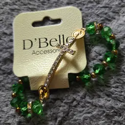 D'Bello green bead gold cross with crystals bracelet