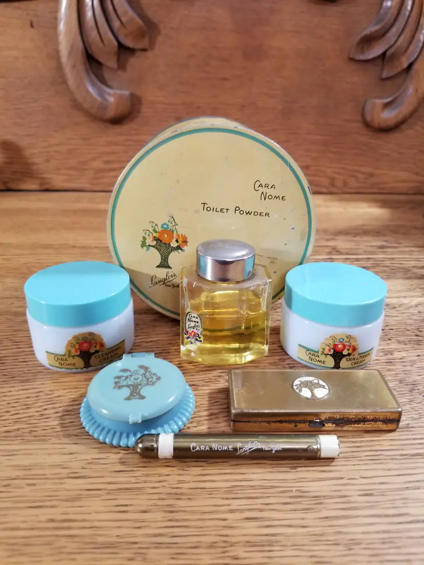Antique Cara Nome Vanity Set | Langlois New York | Milk Glass, Compacts & Toilet Powder | c. 1920s–1930s