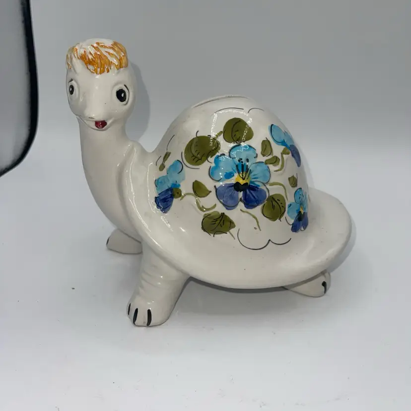 Vintage Porcelain Piggy Coin Bank Still TURTLE & FLOWERS Made In Italy 6.5”