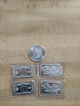 5oz .999 pure sliver bars and coin