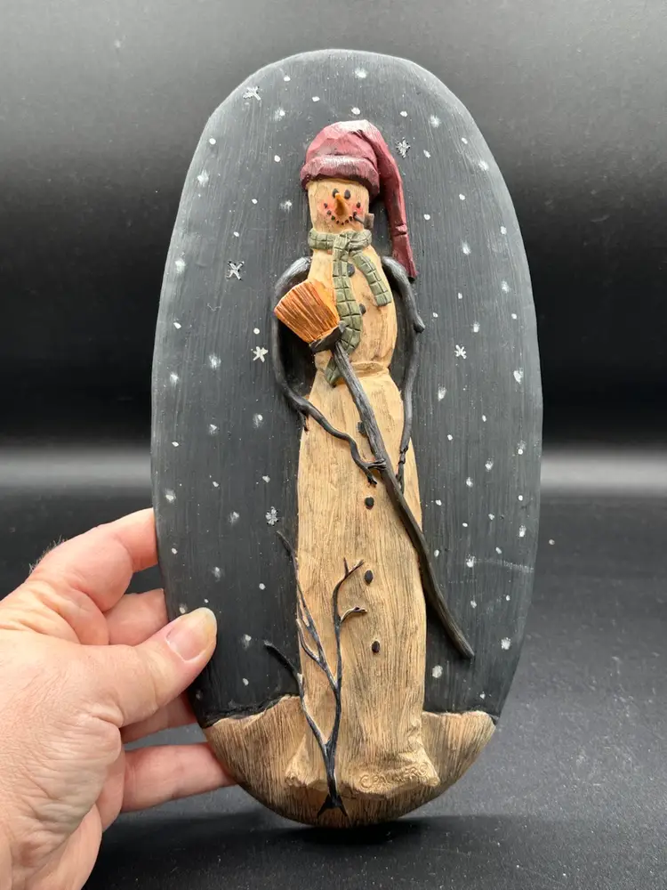 bloosom bucket snowman plaque vintage