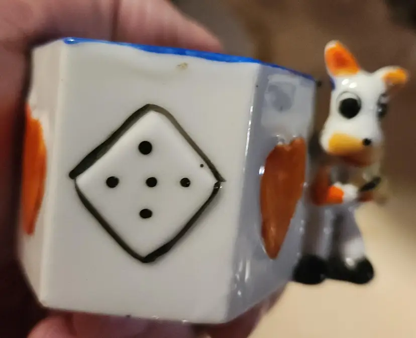 Vintage Toothpick Holder Or Trinket Dish Dog Dice Card Suits Japan