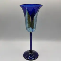 Cobalt Blue Signed Correia Art Glass Iridescent Pulled Feather Goblet